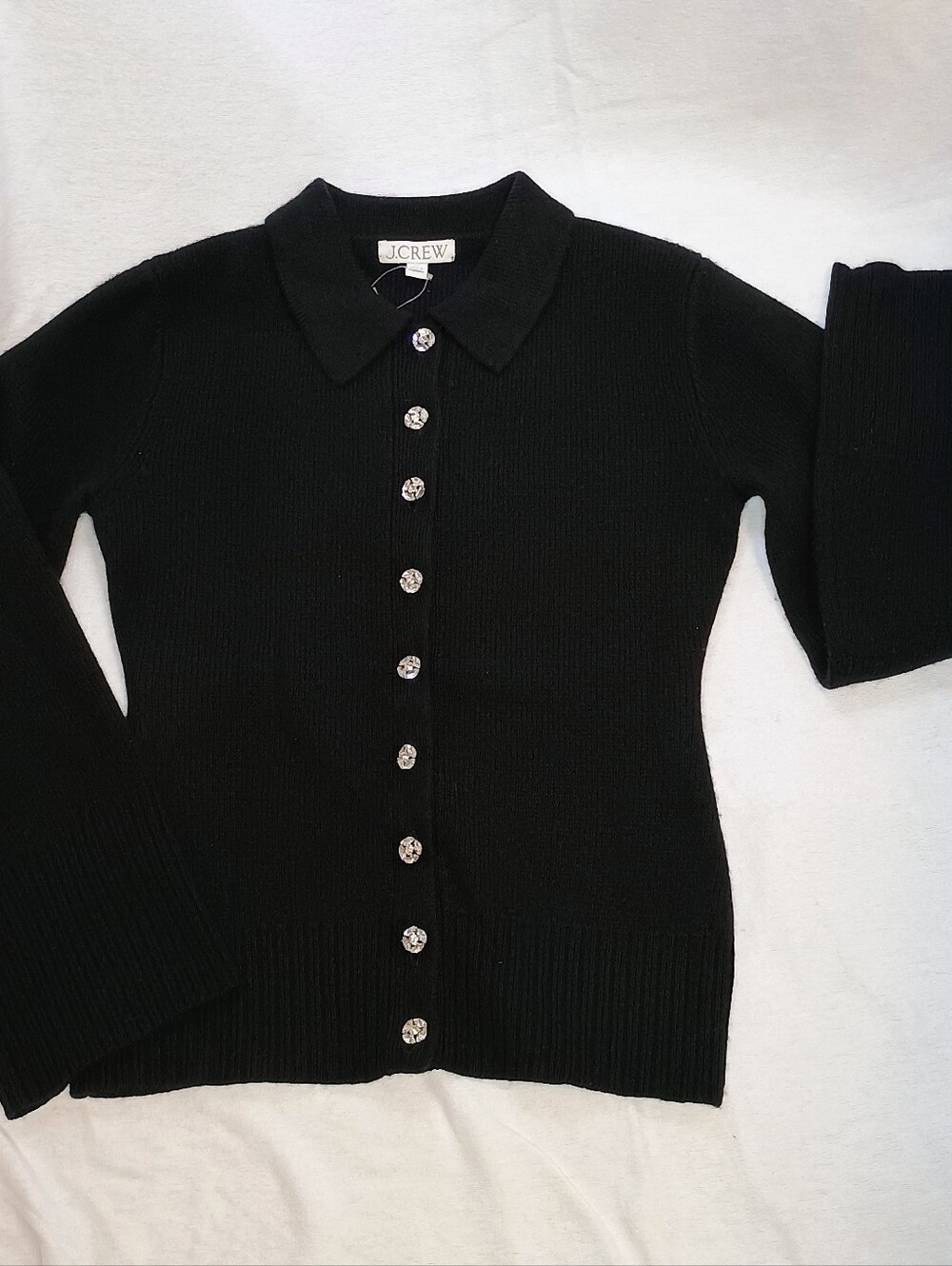 J Crew Lambs Wool Cardigan Sweater Rhinestone Buttons Cinched Waist XS